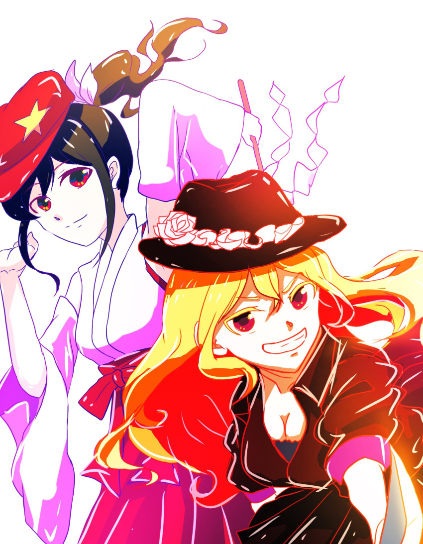 black_hair, blonde_hair, collared_shirt, dolls_in_pseudo_paradise, gohei, hair_ornament, hat, highres