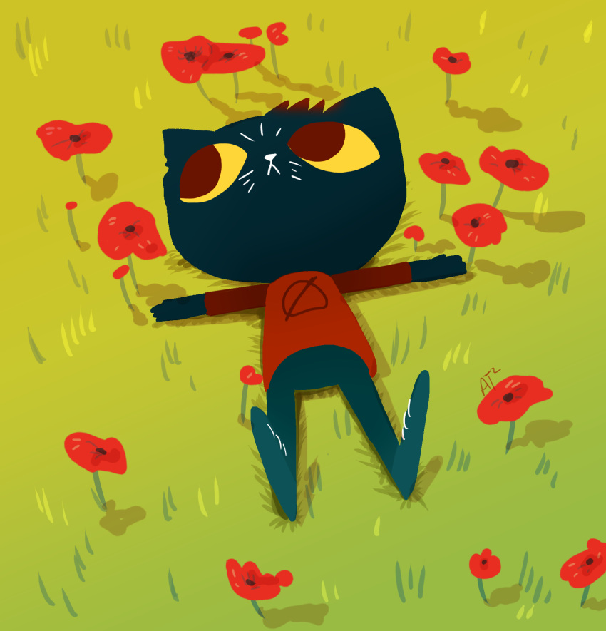 animal_ears, artist_squared, black_fur, blue_footwear, blue_pants, cat_ears, flower, furry