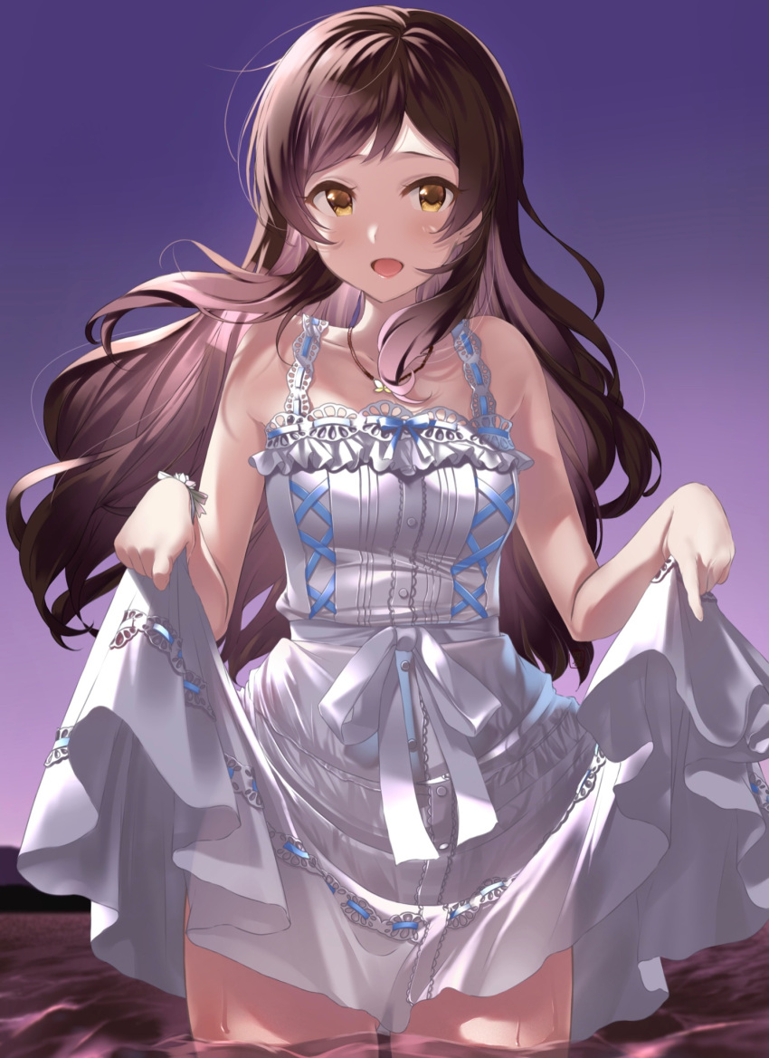 1girl, bangs, bare_shoulders, blush, brown_eyes, brown_hair, dress, frilled_dress, frills, highres, idolmaster, idolmaster_million_live!, idolmaster_million_live!_theater_days, kitazawa_shiho, long_hair, looking_at_viewer, open_mouth, outdoors, parted_bangs, sasa_koutoyomu, skirt_hold, sky, sleeveless, sleeveless_dress, smile, solo, standing, swept_bangs, wading, water, wet, white_dress