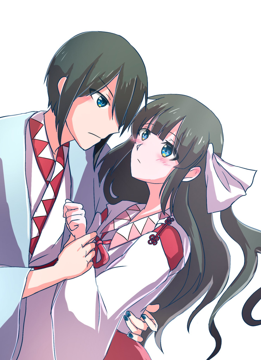 black_hair, blue_eyes, couple, genderswap, girl_who_trained_on_mt._haku_(touhou), hair_ornament, highres, holding_another's_wrist