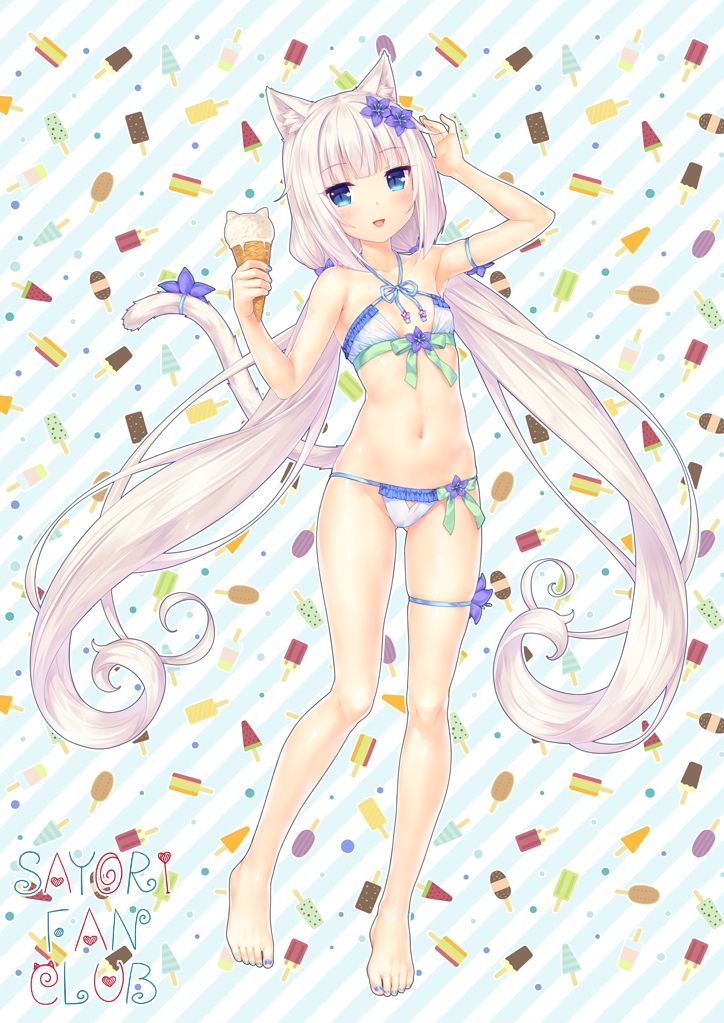 1girl, animal_ears, blue_eyes, blush, cat_ears, cat_tail, fanbox_reward, fanbox_sample, flower, food, ice_cream, nekopara, paid_reward, popsicle, pose, sayori_(neko_works), solo, striped, swimsuit, tail, vanilla, vanilla_(nekopara), white_hair