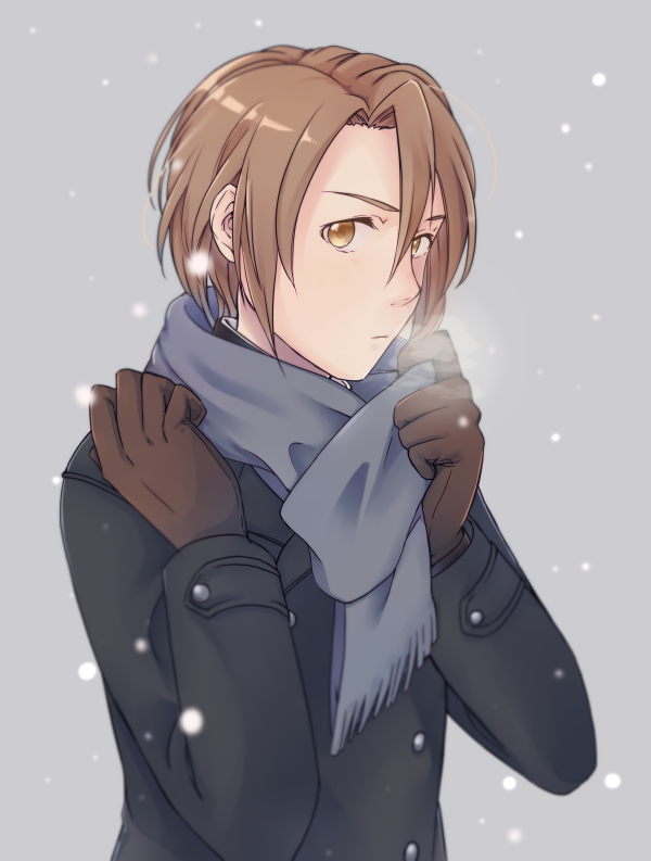 1boy, black_coat, black_gloves, brown_eyes, brown_hair, closed_mouth, coat, commentary_request