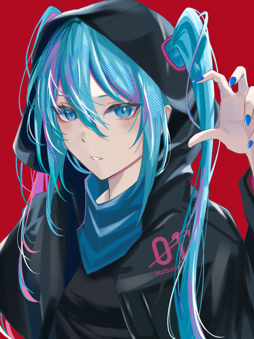 1girl, absurdres, bangs, black_jacket, black_shirt, blue_eyes, blue_hair, blue_nails