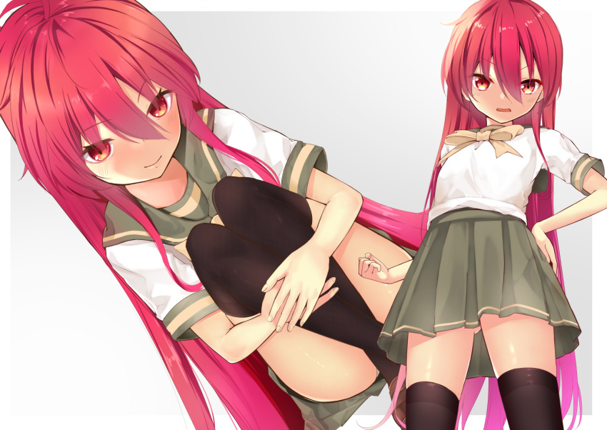 1girl, ass_visible_through_thighs, awums, bangs, black_legwear, blush, bow, bowtie, closed_mouth, eyebrows_visible_through_hair, green_sailor_collar, green_skirt, hair_between_eyes, hand_on_hip, hugging_own_legs, long_hair, looking_at_viewer, miniskirt, misaki_high_school_uniform, open_mouth, panties, panty_pull, pleated_skirt, red_eyes, redhead, sailor_collar, sailor_shirt, school_uniform, shakugan_no_shana, shana, shiny, shiny_hair, shiny_skin, shirt, short_sleeves, sitting, skirt, smile, standing, straight_hair, thigh-highs, underwear, very_long_hair, white_shirt, yellow_bow, yellow_bowtie