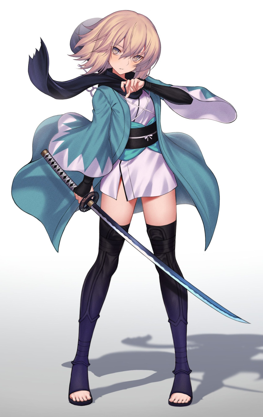 1girl, absurdres, bangs, black_legwear, black_scarf, black_sleeves, blonde_hair, fate_(series)