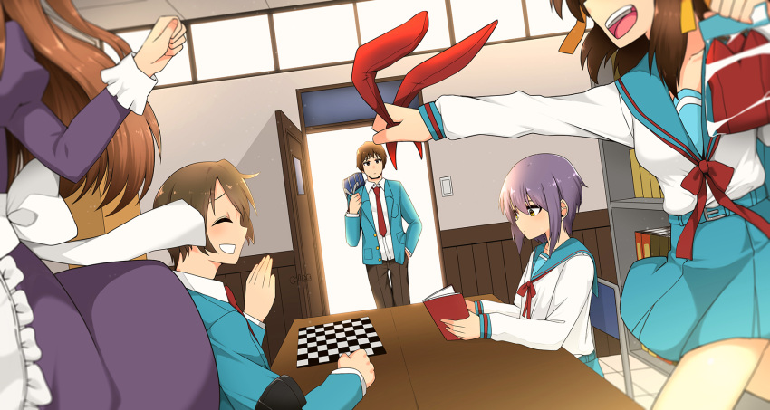2boys, 3girls, animal_ears, apron, asahina_mikuru, bag, bangs, belt