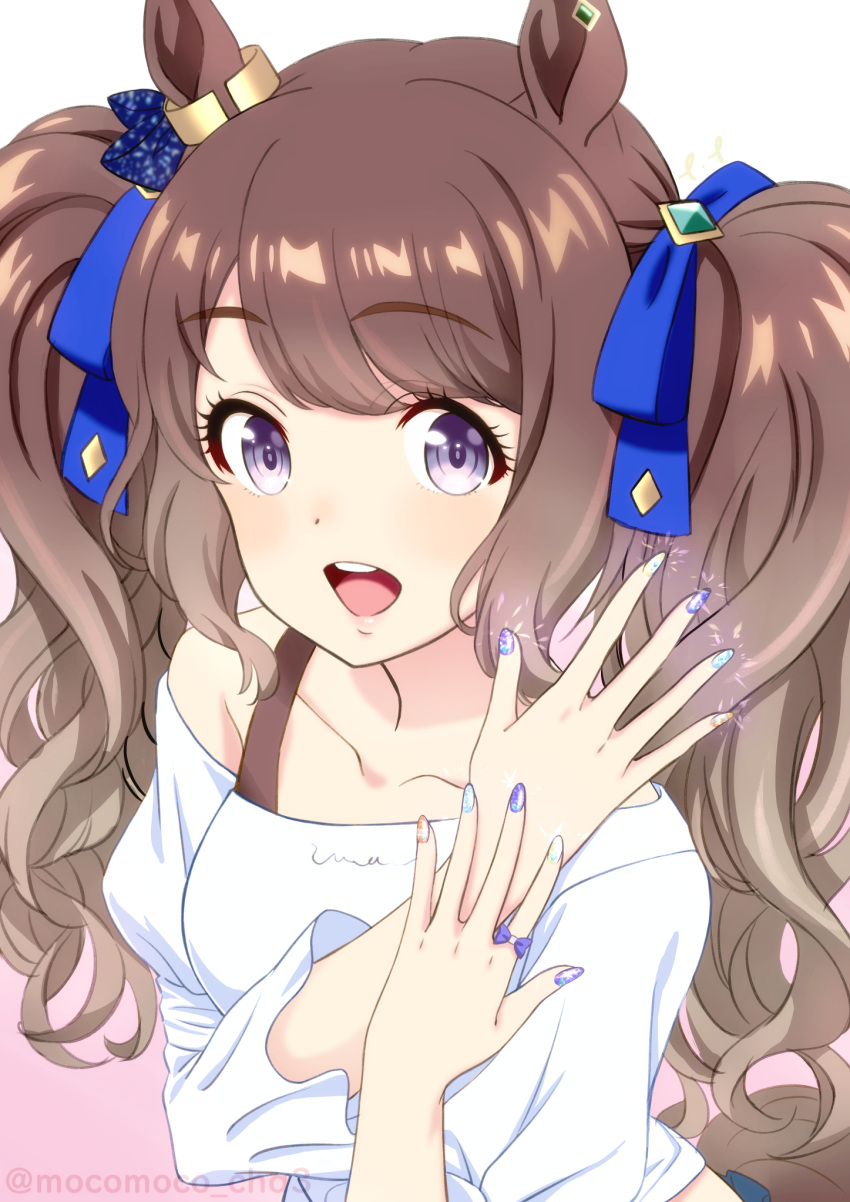 animal_ears, blue_eyes, breasts, brown_hair, casual, collarbone, commentary_request, fingernails