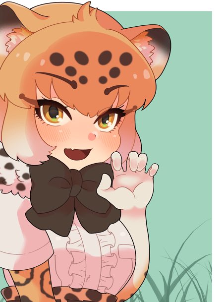 1girl, animal_ears, black_hair, black_skirt, blonde_hair, blush, center_frills, claw_pose, elbow_gloves, eyebrows_visible_through_hair, fang, frills, gloves, high-waist_skirt, jaguar_(kemono_friends), jaguar_ears, jaguar_girl, jaguar_print, kemono_friends, looking_at_viewer, majikaru_pokonyan, multicolored_hair, open_mouth, print_gloves, print_skirt, shirt, short_hair, short_sleeves, skin_fang, skirt, solo, white_gloves, white_hair, white_shirt, yellow_eyes