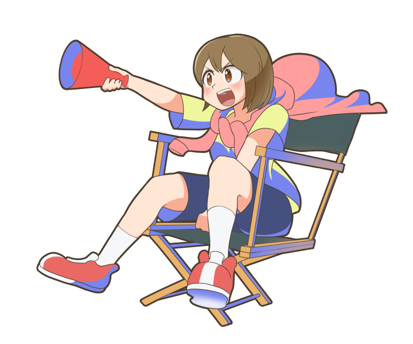 1girl, black_shorts, brown_eyes, brown_hair, chair, city_(arawi_keiichi), director's_chair, eyebrows_visible_through_hair