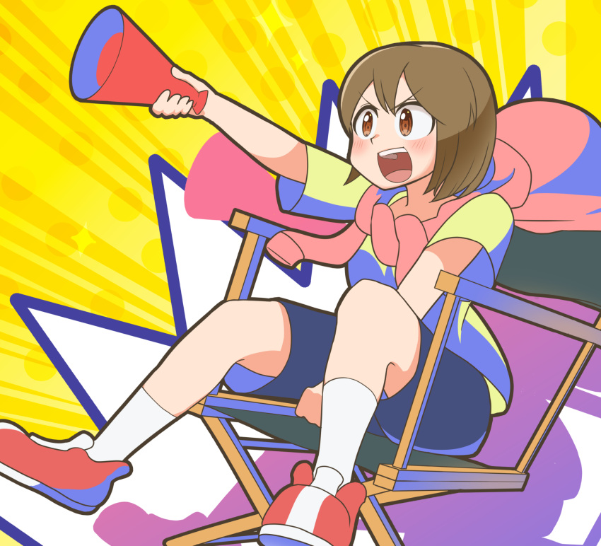 1girl, black_shorts, brown_eyes, brown_hair, chair, city_(arawi_keiichi), director's_chair, eyebrows_visible_through_hair, highres, holding, holding_megaphone, looking_away, megaphone, niikura_(city), readybug, red_footwear, shoes, short_hair, shorts, sitting, sneakers, socks, teeth, upper_teeth, white_legwear