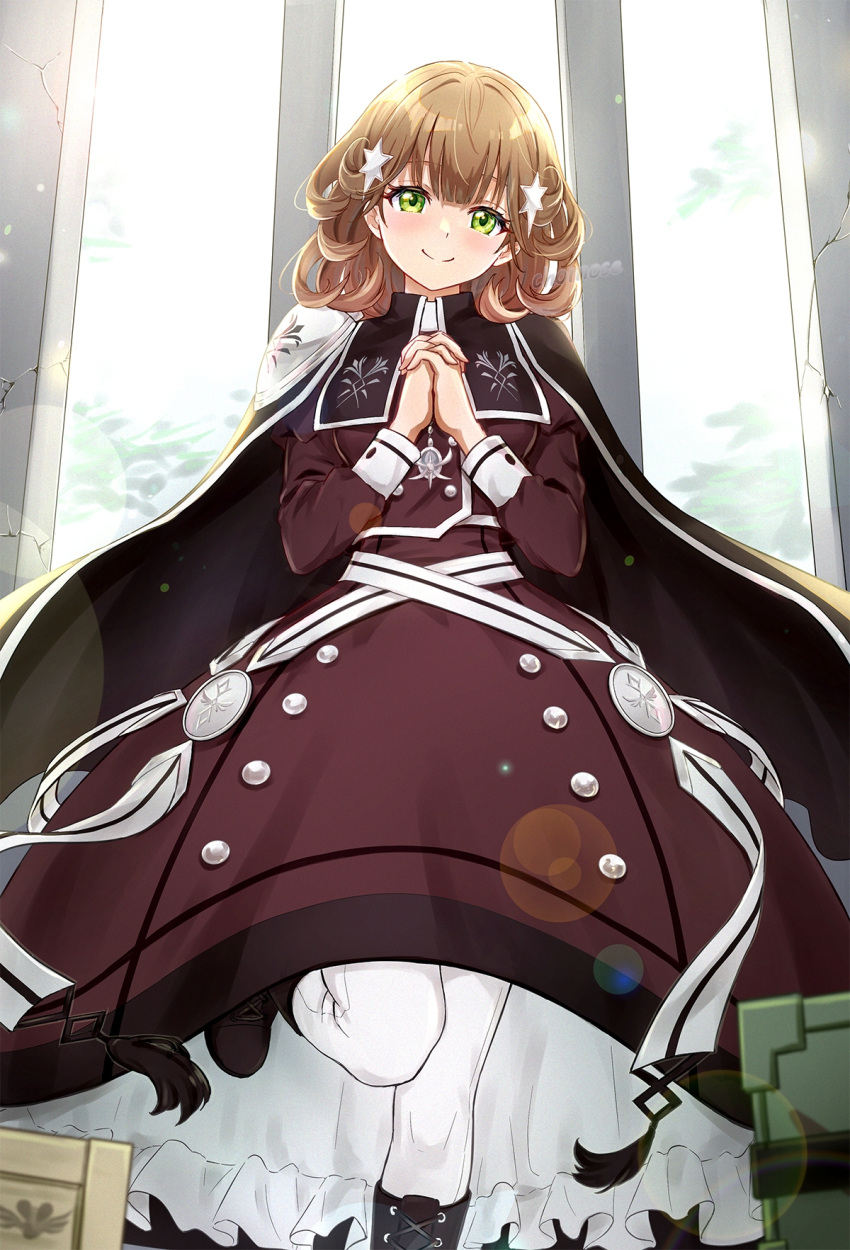 1girl, armor, artist_name, blurry, bokeh, boots, brown_dress, brown_hair