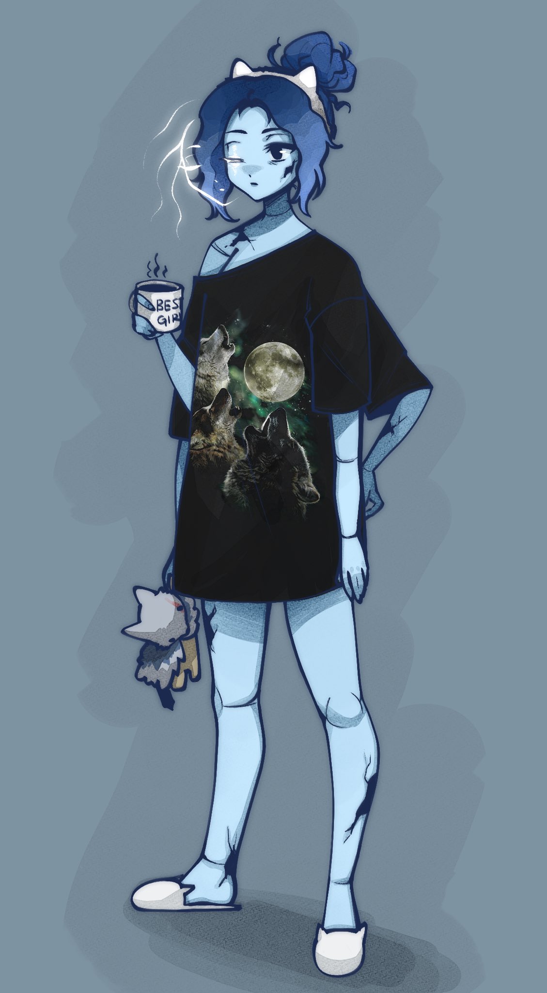 1girl, animal_ears, black_shirt, blue_hair, blue_skin, casual, cat_ears, cat_slippers