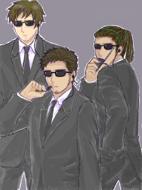 3boys, axis_powers_hetalia, cuba_(hetalia), dark-skinned_male, dark_skin, facial_hair, formal, headset, kurosan, multiple_boys, spain_(hetalia), stubble, suit, sunglasses, turkey_(hetalia), walkie-talkie
