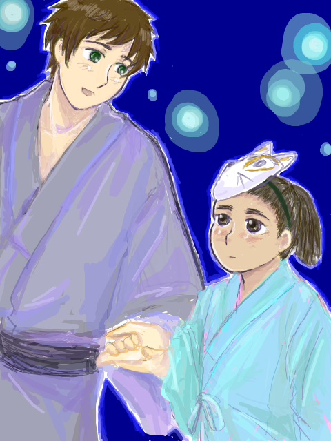axis_powers_hetalia, brown_hair, child, cuba_(hetalia), dark-skinned_male, dark_skin, fox_mask, holding_hands