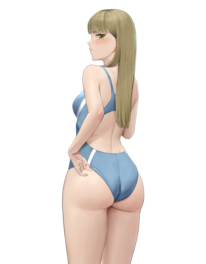 1girl, absurdres, adjusting_clothes, adjusting_swimsuit, ano_(gccx8784), ass, back, back_cutout, bangs, blonde_hair, blue_swimsuit, blunt_bangs, blush, breasts, clothing_cutout, competition_swimsuit, cowboy_shot, crotch_seam, eyebrows_visible_through_hair, from_behind, green_eyes, highres, looking_at_viewer, looking_back, mole, mole_under_eye, one-piece_swimsuit, original, parted_lips, profile, simple_background, solo, standing, swimsuit, wedgie, wet