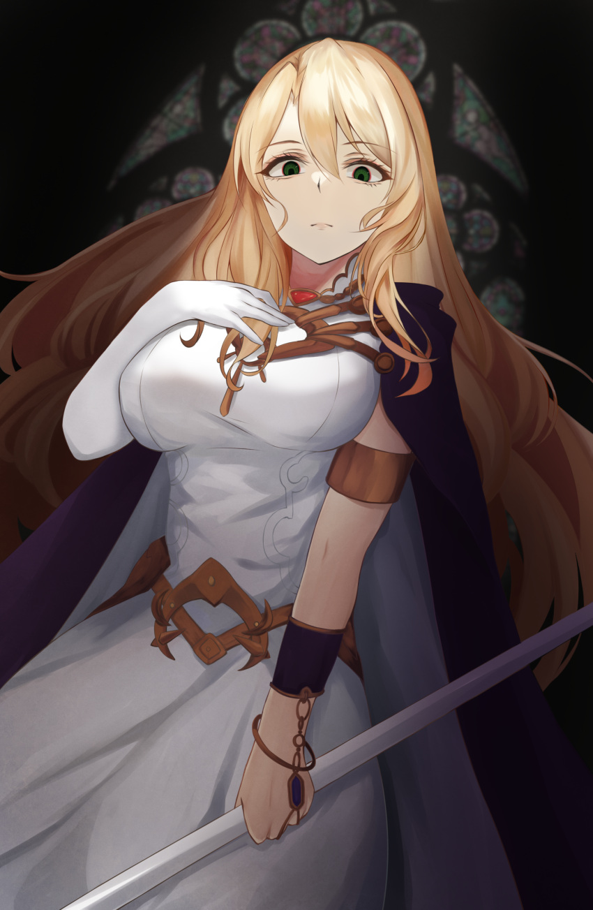 1girl, armlet, asymmetrical_gloves, blonde_hair, breasts, church, dress, elbow_gloves
