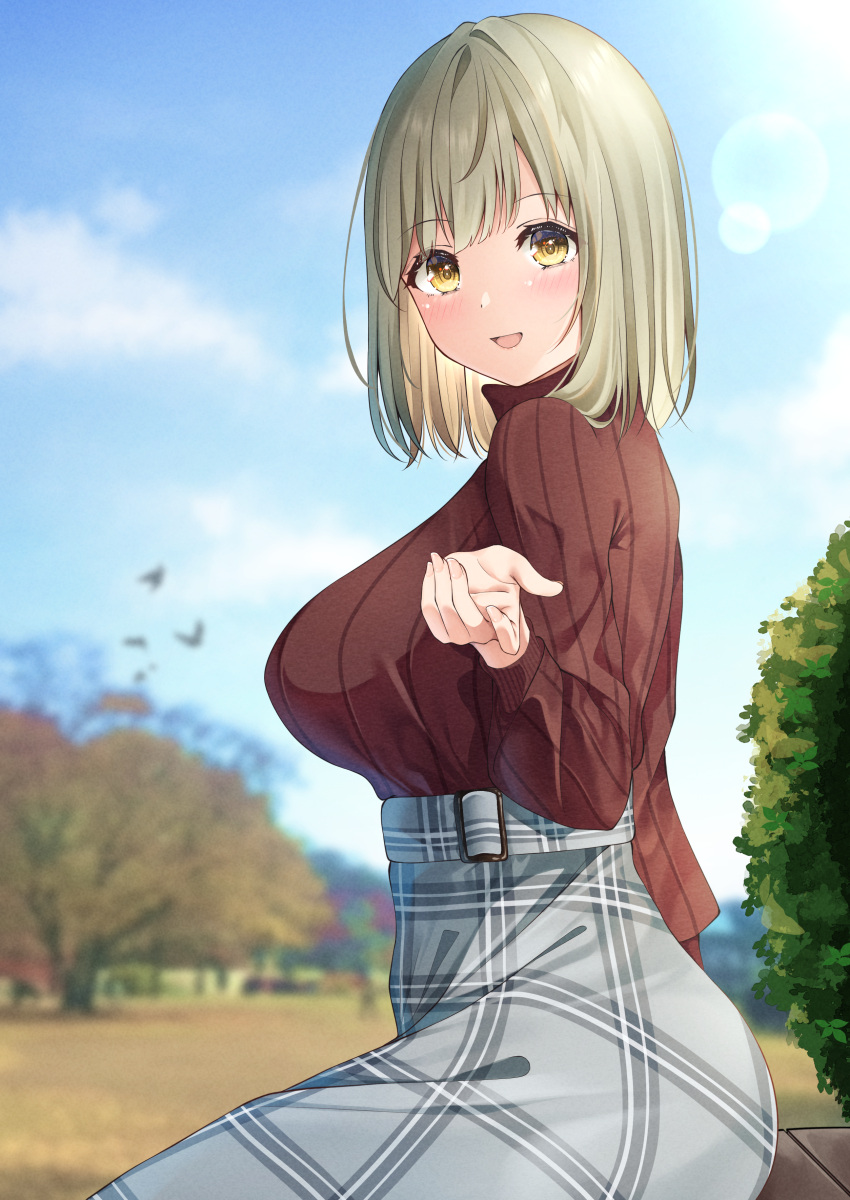 1girl, absurdres, bench, blurry, blurry_background, breasts, bush, clouds