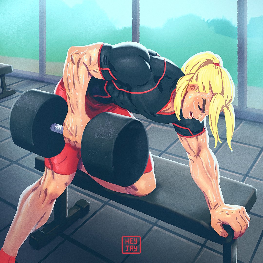 1boy, bench, blonde_hair, closed_eyes, dumbbell, exercise, gym, heyjay