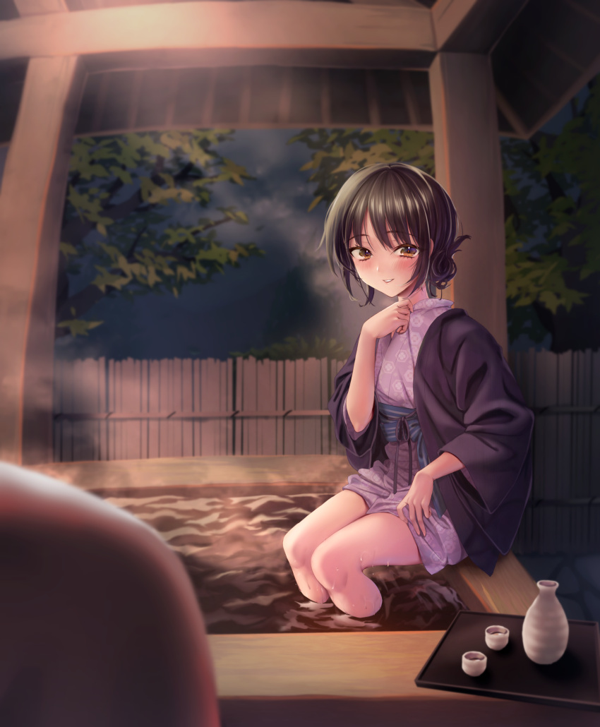 1boy, 1girl, alcohol, bangs, bare_legs, bath, blurry, blush