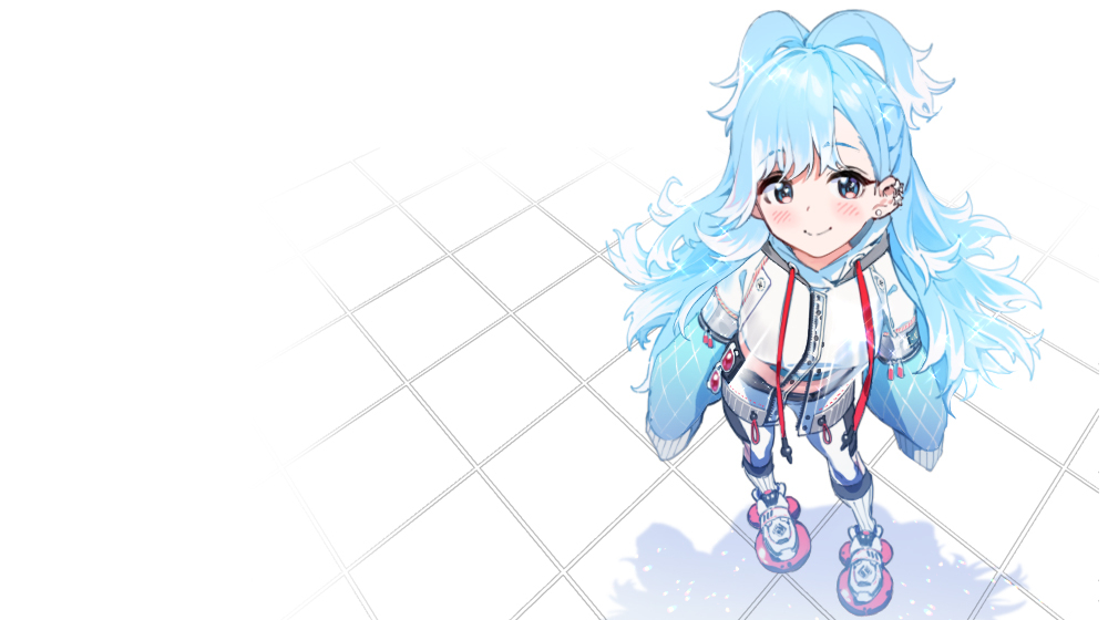 1girl, bad_kim, blush_stickers, eyebrows_visible_through_hair, hair_behind_ear, hololive, hololive_indonesia, jacket, kobo_kanaeru, light_blue_hair, raincoat, see-through, see-through_jacket, simple_background, sleeves_past_fingers, sleeves_past_wrists, smile, solo, virtual_youtuber, white_background