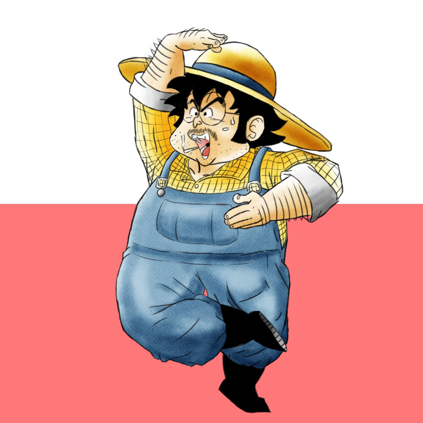 1boy, arm_hair, arm_up, bangs, black_footwear, black_hair, blue_overalls, boots
