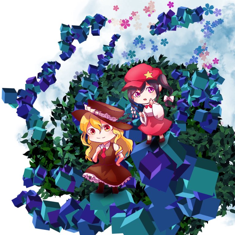 black_hair, blonde_hair, chibi, curious, dolls_in_pseudo_paradise, gohei, hair_ornament, hat