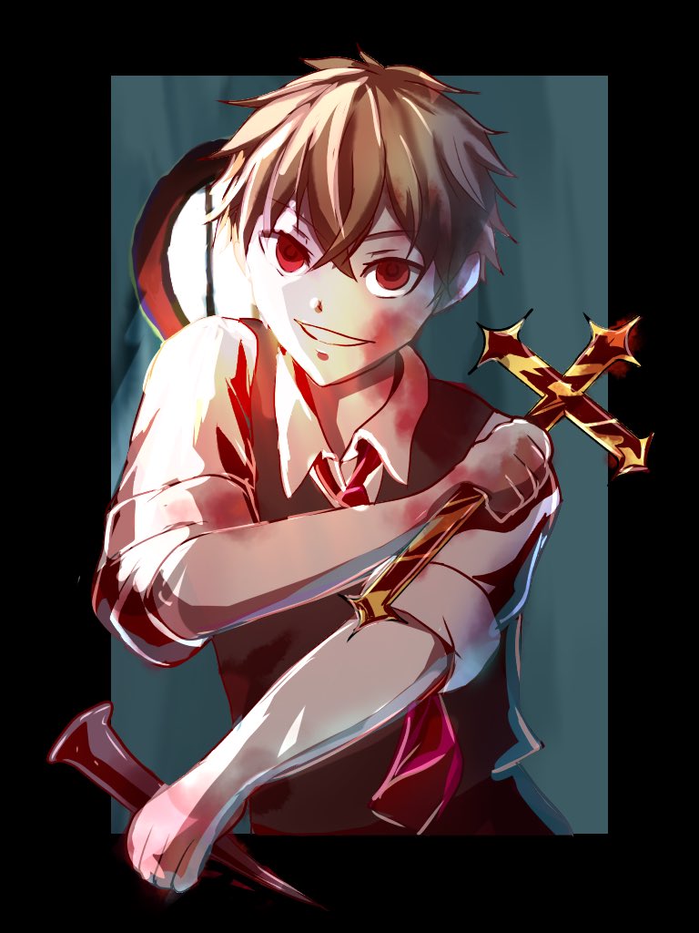 blonde_hair, blood, collared_shirt, cross, dolls_in_pseudo_paradise, genderswap, jacket_girl_(dipp), looking_at_viewer, necktie, red_eyes, rokki_hero, shirt, smile, teeth, touhou, vest_over_shirt, window