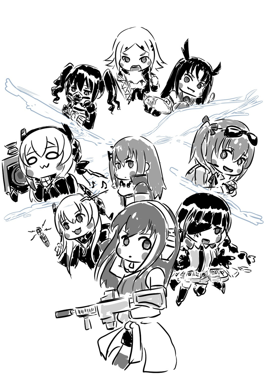 6+girls, :3, anti-rain_(girls'_frontline), armband, assault_rifle, bangs, black_hair, black_jacket