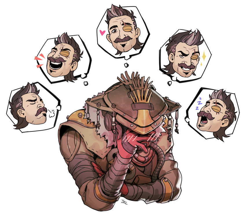 1boy, 1non-binary, apex_legends, bangs, black_hair, bloodhound_(apex_legends), brown_eyes, brown_jacket, cable, embarrassed, facial_hair, fuse_(apex_legends), gay, gloves, grey_hair, hair_behind_ear, heart, helmet, highres, jacket, jelart, looking_down, multicolored_hair, mustache, queer, rebreather, red_gloves, scar, scar_across_eye, smile, smirk, soul_patch, streaked_hair, thought_bubble, trans, zzz