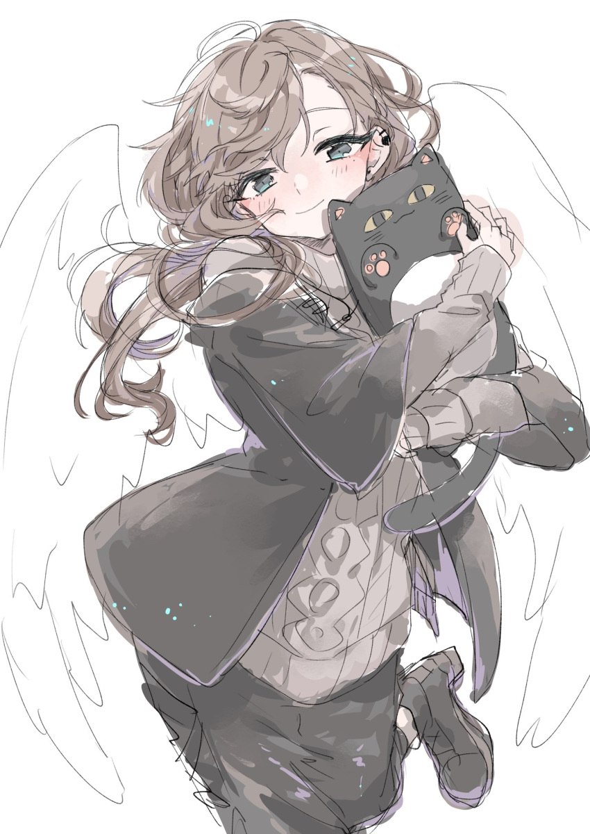 1girl, bangs, black_footwear, black_jacket, black_pants, blue_eyes, blush, boots, brown_hair, genderswap, genderswap_(mtf), grey_sweater, hair_behind_ear, high_heel_boots, high_heels, highres, holding, holding_stuffed_toy, jacket, kanae_(nijisanji), nijisanji, pants, roto_(kanae), shen_hong_(yattimatta75), sketch, smile, solo, stuffed_animal, stuffed_cat, stuffed_toy, sweater, virtual_youtuber, white_background, wings