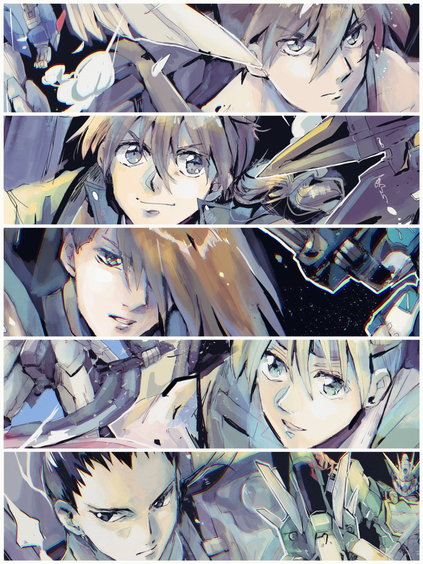 5boys, altron_gundam, black_eyes, black_hair, blonde_hair, blue_eyes, brown_hair, chain_gun