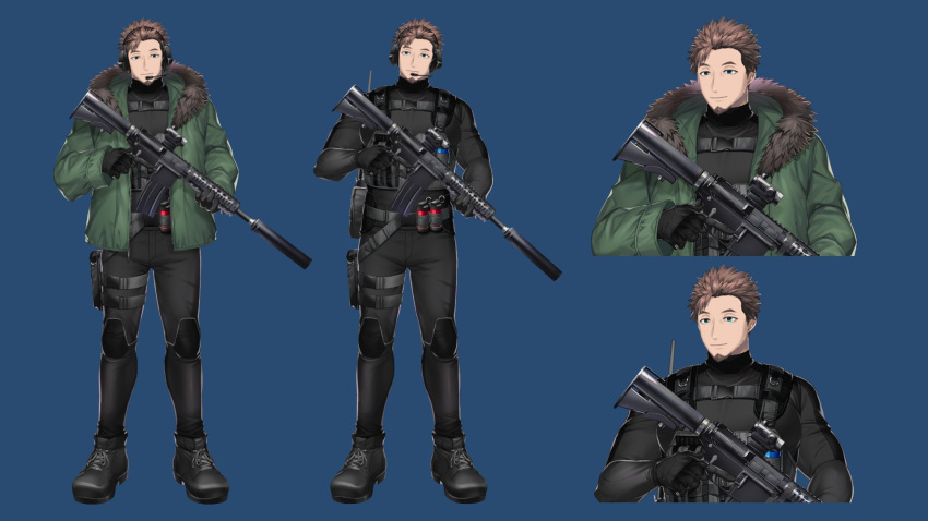 1boy, anonymous_(nijisanji), belt, black_bodysuit, black_footwear, black_gloves, blue_background, bodysuit