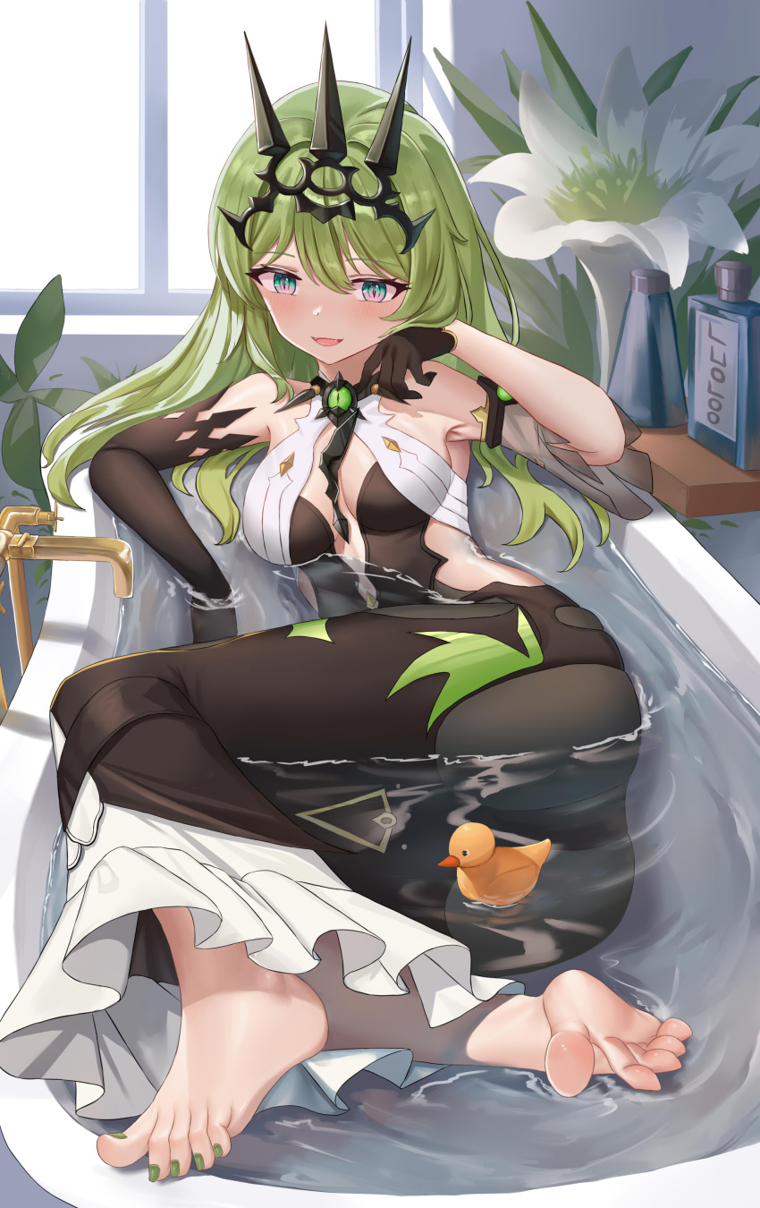 1girl, :d, absurdres, asymmetrical_gloves, bangs, bare_shoulders, barefoot, bathroom