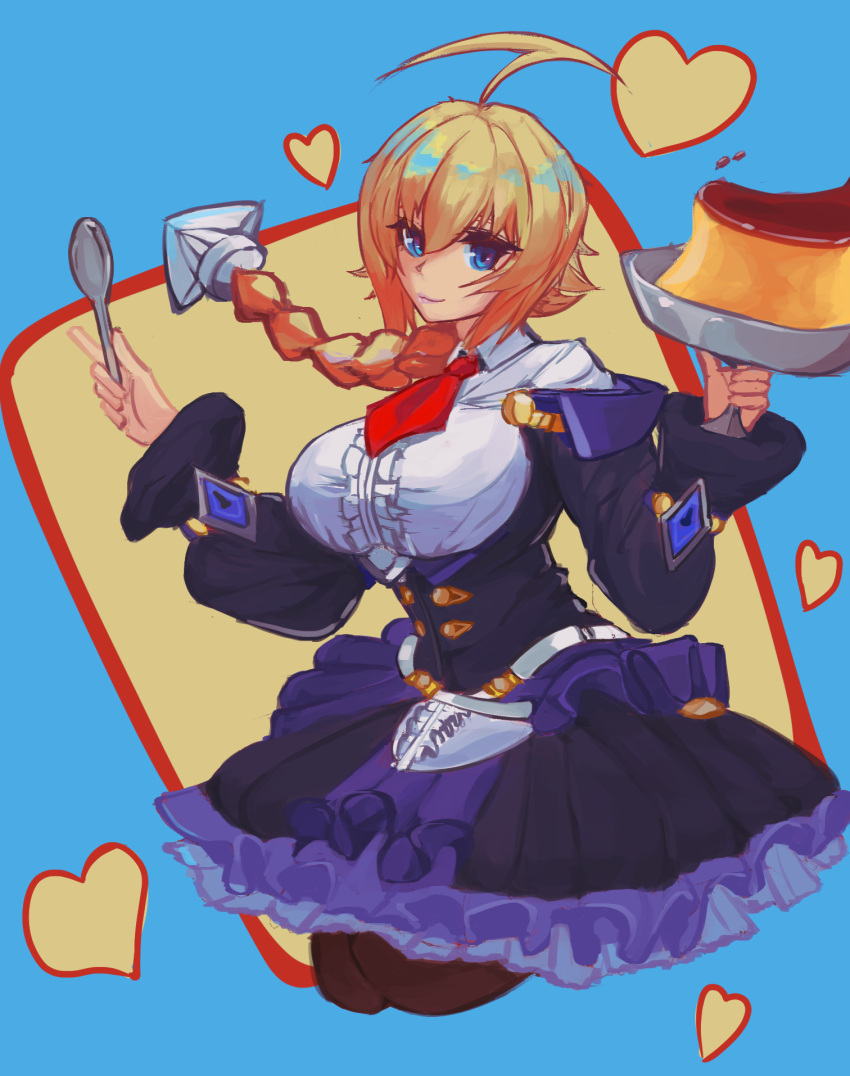 1girl, ahoge, blazblue, blue_background, blue_eyes, braid, braided_ponytail, breasts