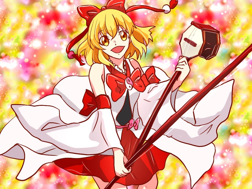 blonde_hair, bow, detached_sleeves, erhu, gradient, gradient_background, hair_bow, japanese_clothes, miko, multicolored_background, precure, rokki_hero, satsuki_rin, smile, touhou, yellow_eyes, yin_yang