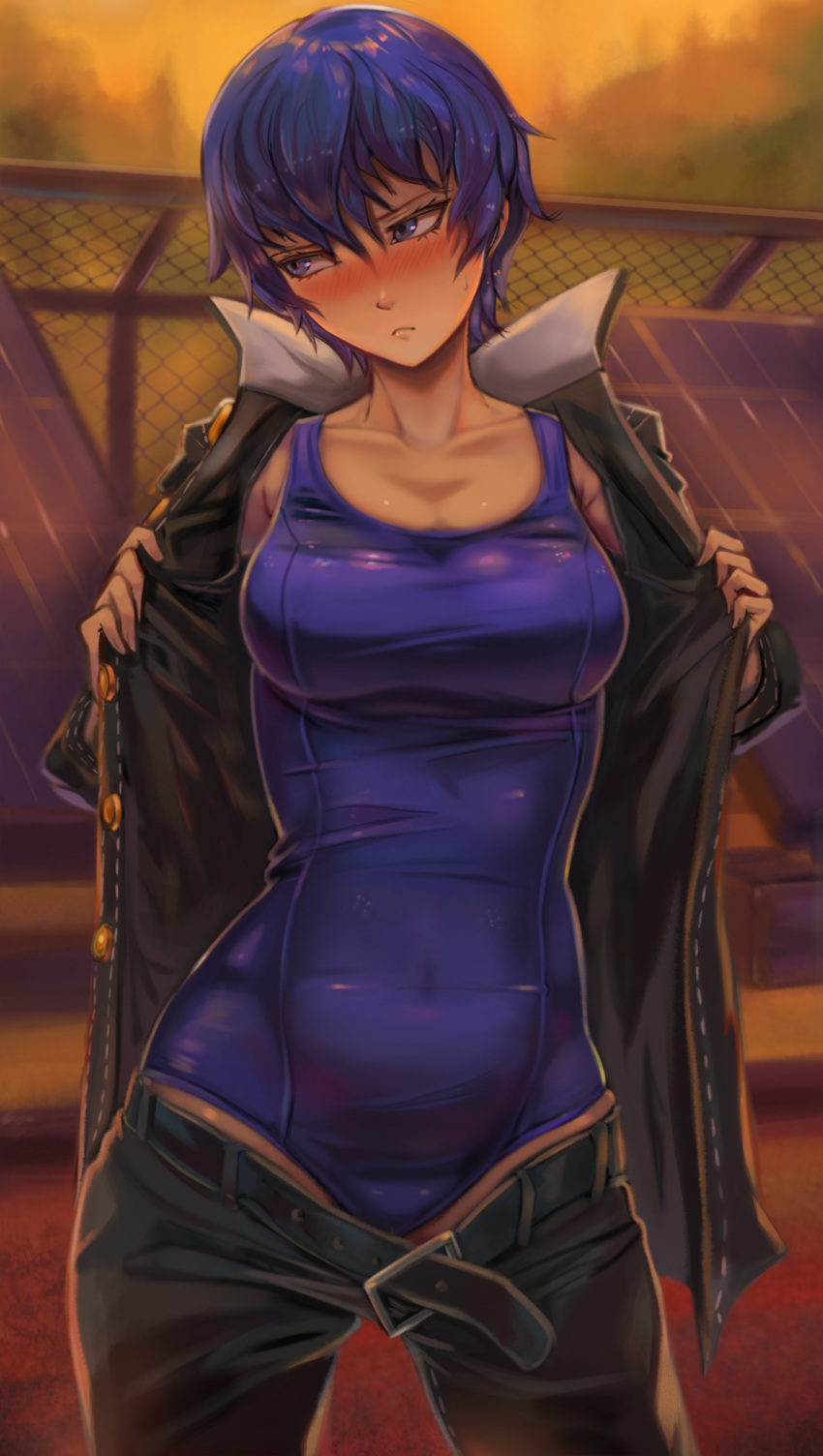 1girl, absurdres, belt, blue_hair, blush, breasts, covered_navel, embarrassed