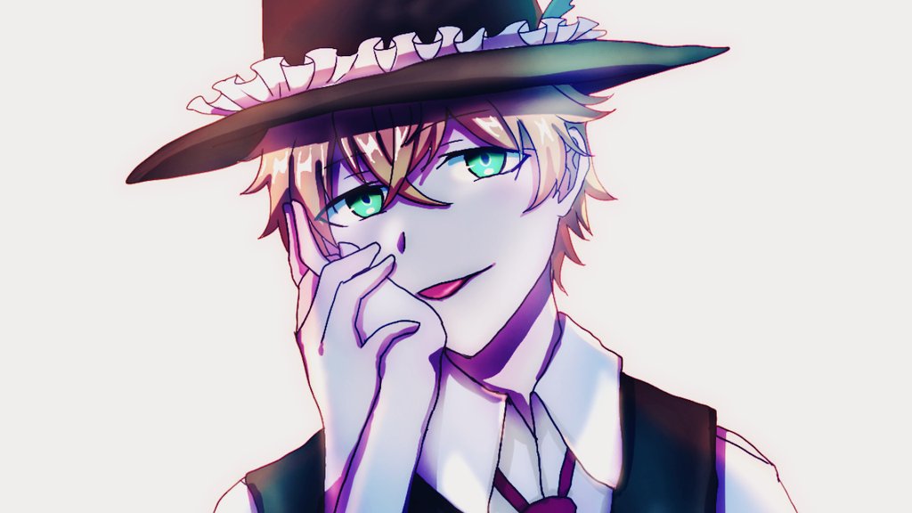 1boy, 1other, blonde_hair, brown_headwear, brown_vest, collared_shirt, frilled_hat, frills