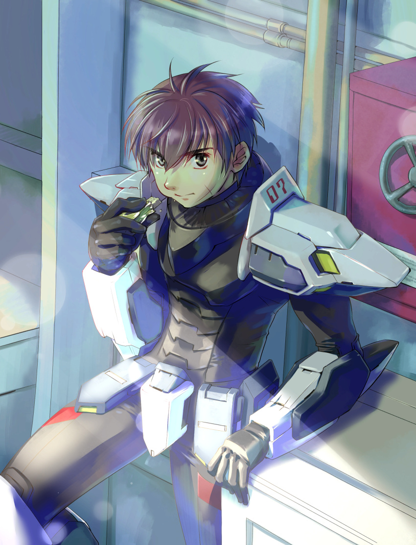 1boy, absurdres, arx-7_arbalest, arx-7_arbalest_(cosplay), bangs, black_eyes, black_gloves, brown_hair