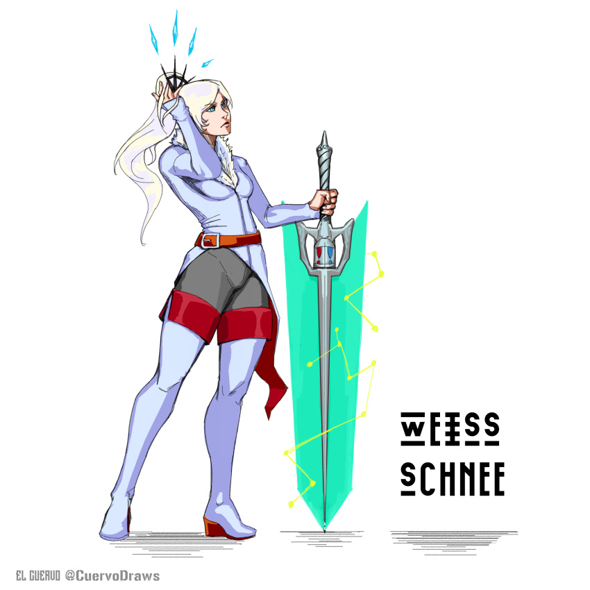 blue_eyes, boots, el_cuervo, greatsword, highres, moonlight_greatsword, ponytail, rapier, rwby, sword, thigh-highs, thigh_boots, weapon, wedge_heels, weiss_schnee, white_hair