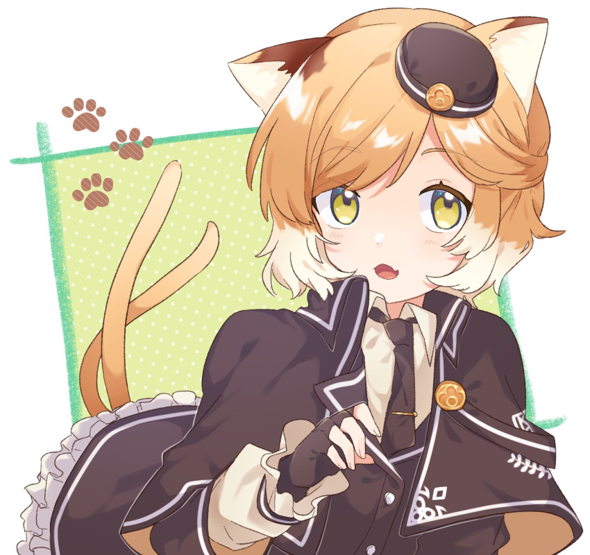 1girl, animal_ear_fluff, animal_ears, arknights, black_capelet, black_gloves, black_headwear, black_jacket, black_necktie, black_skirt, blush, brown_eyes, brown_hair, capelet, cat_ears, cat_girl, cat_tail, collared_shirt, commentary_request, fang, fingerless_gloves, frilled_skirt, frills, gloves, green_background, hat, highres, jacket, layered_sleeves, long_sleeves, looking_at_viewer, maguro_kan, mini_hat, mousse_(arknights), multicolored_hair, multiple_tails, necktie, open_mouth, paw_print, paw_print_background, polka_dot, polka_dot_background, puffy_long_sleeves, puffy_sleeves, shirt, skirt, solo, tail, tie_clip, two-tone_hair, two_tails, white_background, white_hair, white_shirt