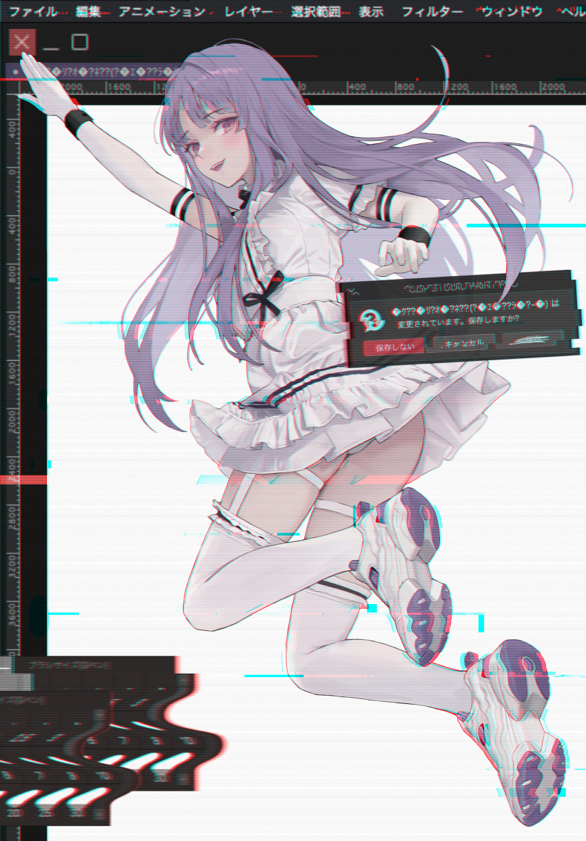 1girl, absurdres, arm_up, bangs, chromatic_aberration, commentary, dress, elbow_gloves, eyebrows_visible_through_hair, full_body, garter_straps, glitch, gloves, highres, image_editing_program, long_hair, looking_at_viewer, midair, original, panties, pantyshot, parted_lips, pink_eyes, purple_hair, shoe_soles, shoes, short_dress, short_sleeves, smile, sneakers, solo, sugai_(4ugaii), thigh-highs, thigh_strap, underwear, white_dress, white_footwear, white_gloves, white_legwear, white_panties