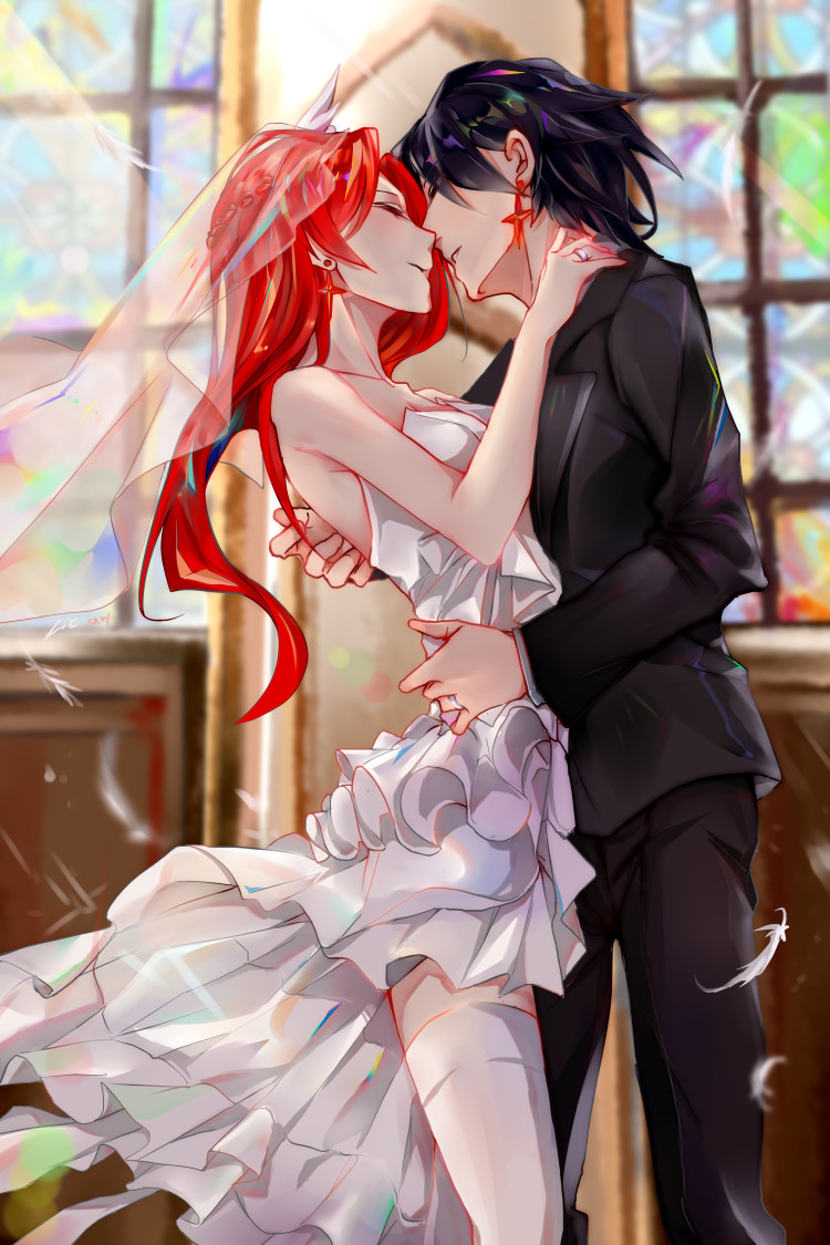 1boy, 1girl, bangs, black_hair, black_jacket, bridal_veil, bride, captain_(honkai_impact)