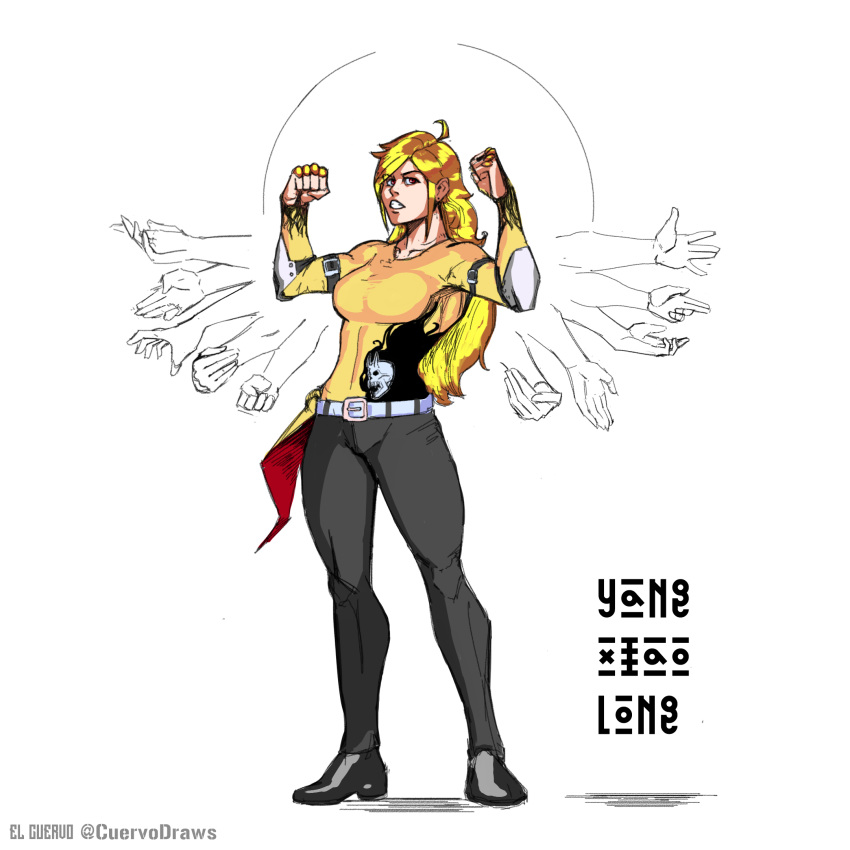 belt, black_pants, blonde_hair, breasts, el_cuervo, elbow_rest, extra_arms, flaming_skull, highres, large_breasts, long_hair, long_sleeves, pants, rwby, skull, yang_xiao_long