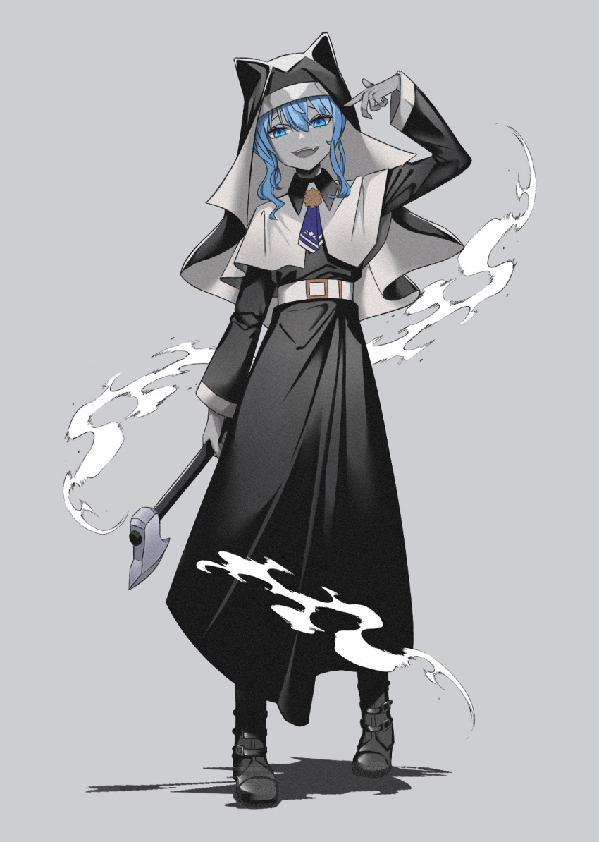 1girl, :d, alternate_costume, arm_at_side, arm_up, ascot, axe, bangs