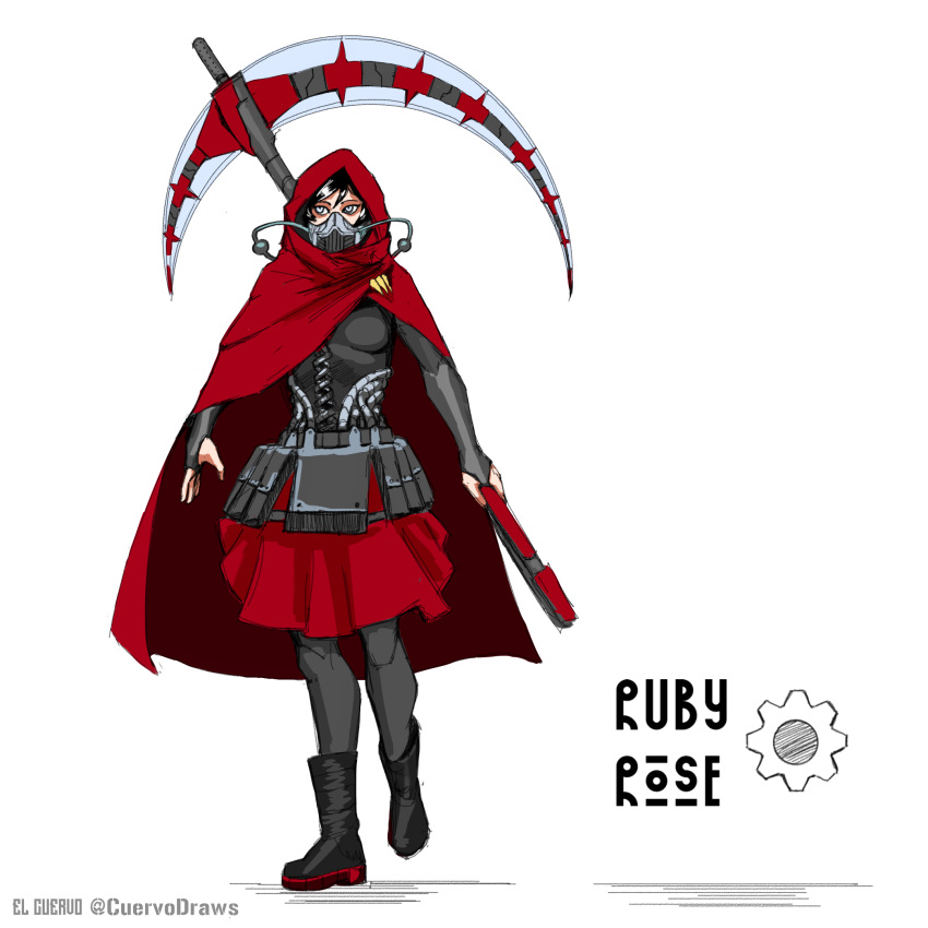 1girl, ammunition_pouch, boots, cloak, el_cuervo, fangs, gears, highres