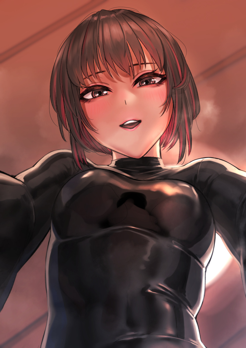 1girl, black_bodysuit, bodysuit, brown_eyes, brown_hair, gradient_hair, highres, kilye_kairi