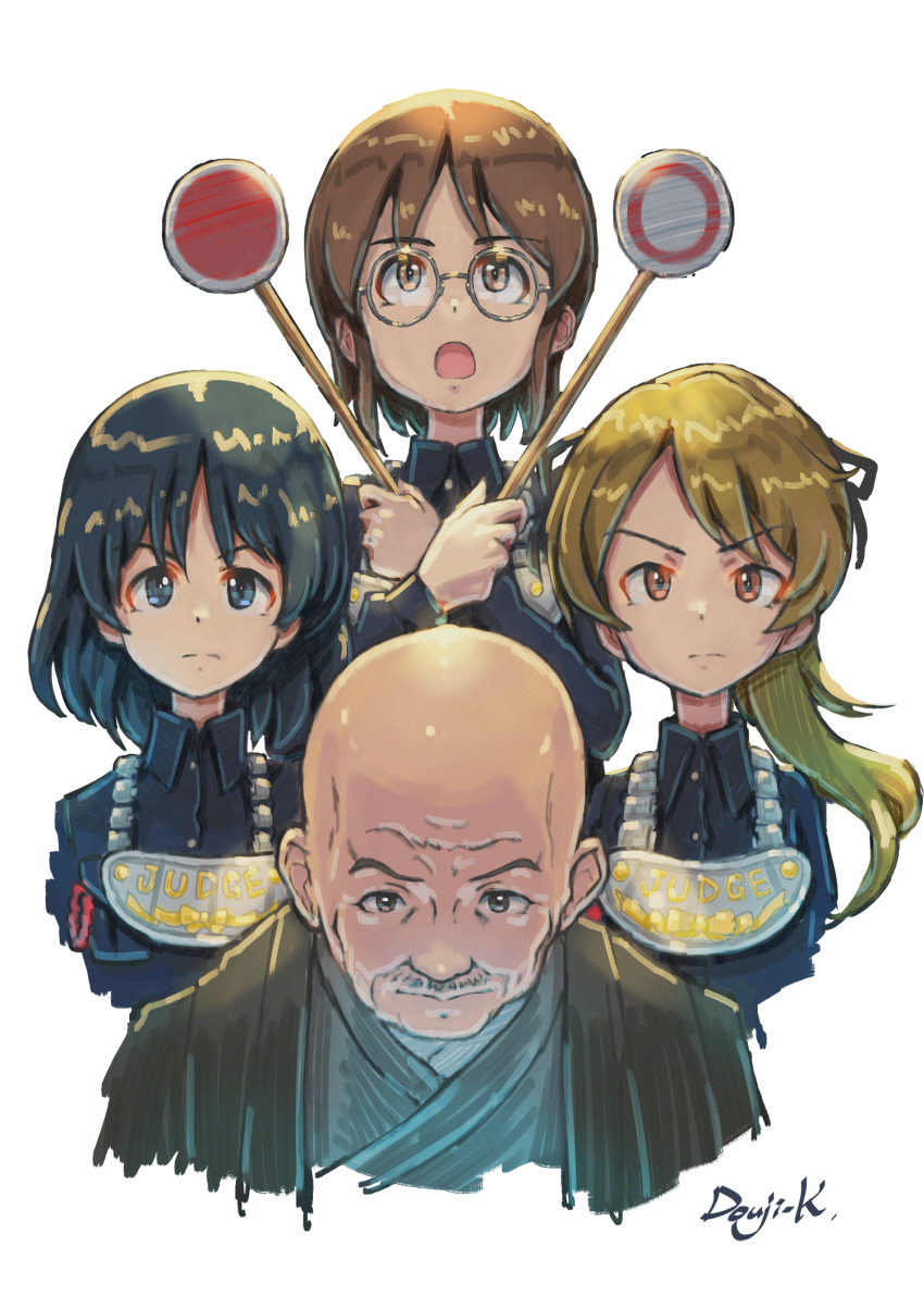 1boy, 3girls, album_cover, artist_name, bald, bangs, black_dress, black_eyes