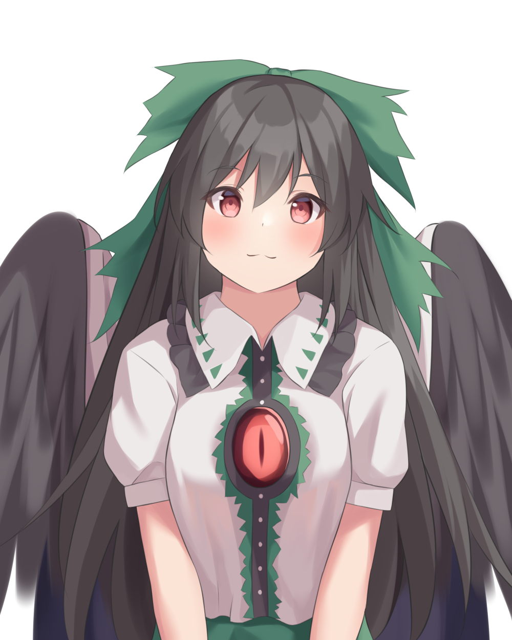 1girl, bangs, black_hair, black_wings, blush, bow, breasts, cape, closed_mouth, eyebrows_visible_through_hair, fuka_kurotsuji, green_bow, hair_between_eyes, hair_bow, highres, long_hair, looking_at_viewer, puffy_short_sleeves, puffy_sleeves, red_eyes, reiuji_utsuho, shirt, short_sleeves, skirt, smile, solo, touhou, upper_body, very_long_hair, white_background, white_shirt, wings