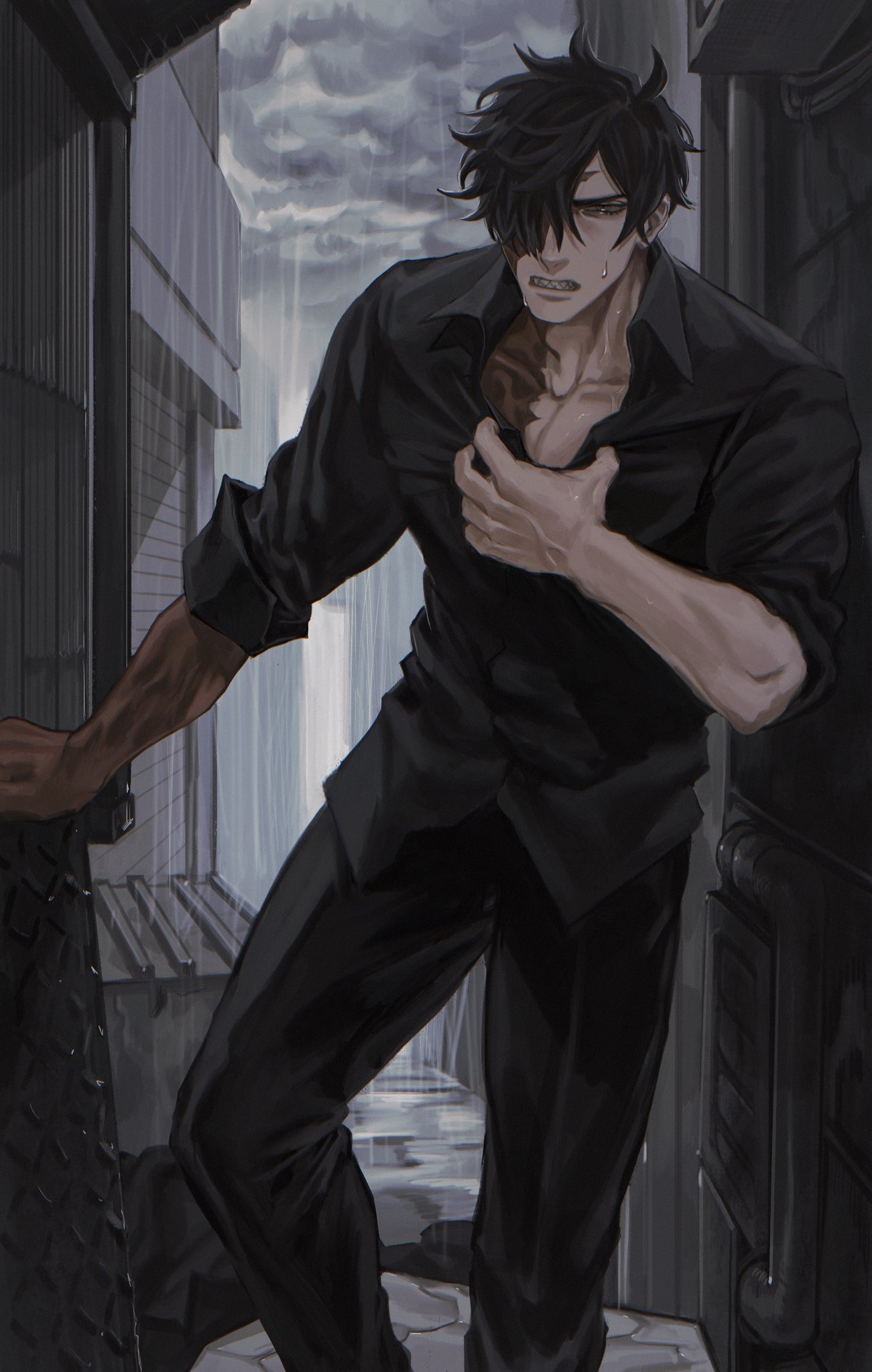 1boy, alley, black_hair, burn_scar, city, clouds, cloudy_sky, collared_shirt