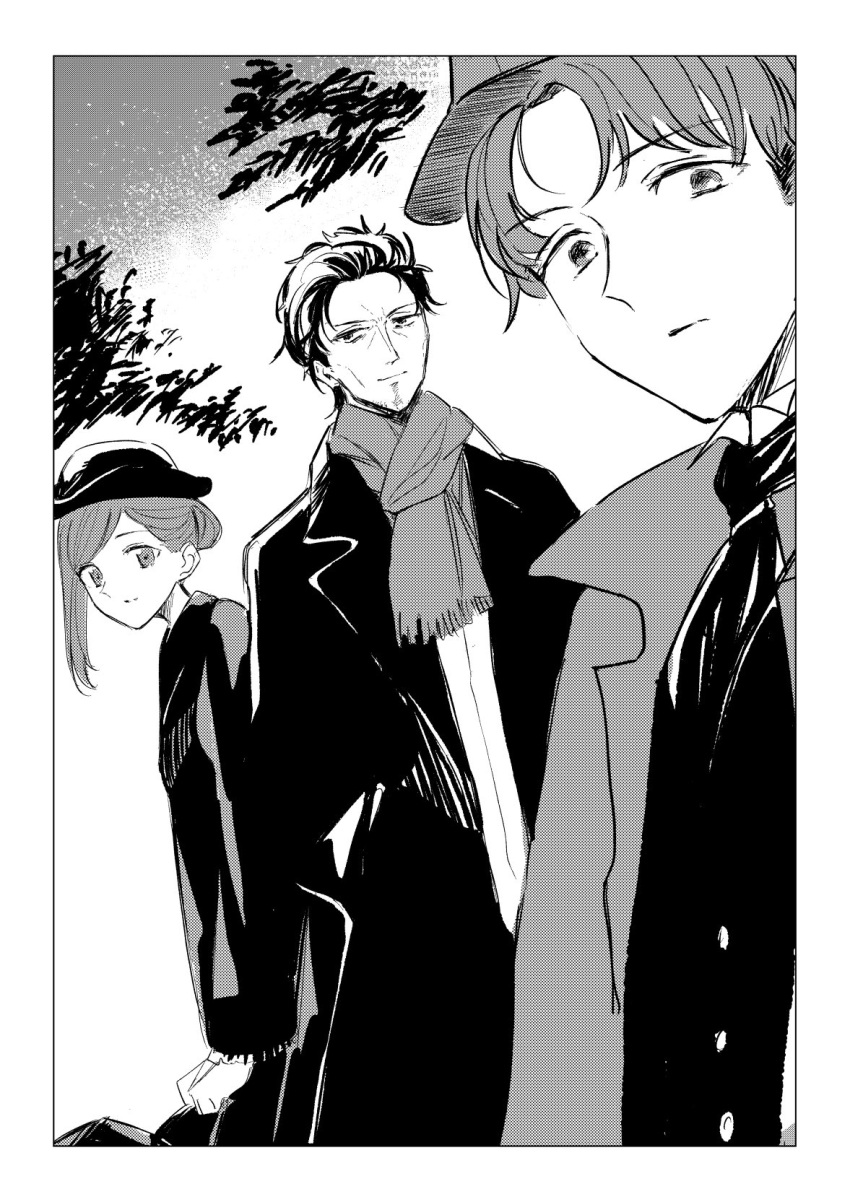 1girl, 2boys, alternate_costume, amai_tsutomu, bangs, expressionless, forehead, greyscale